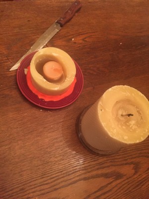 On the left, the hollow "tube" of the candle becomes a container for a voltive and melted wax